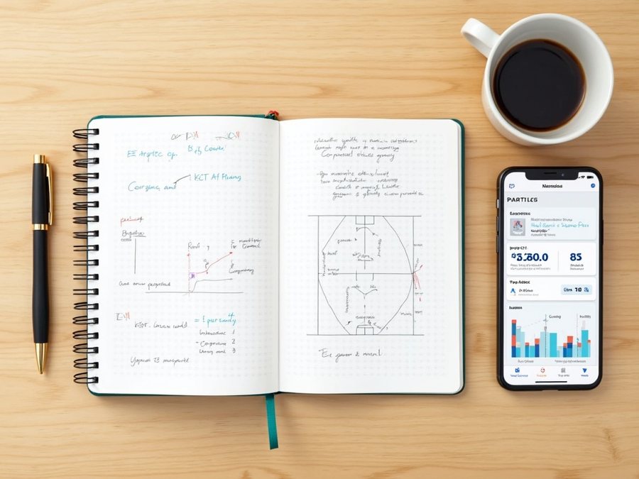 Caderno de análise tática com palpites e estatísticas